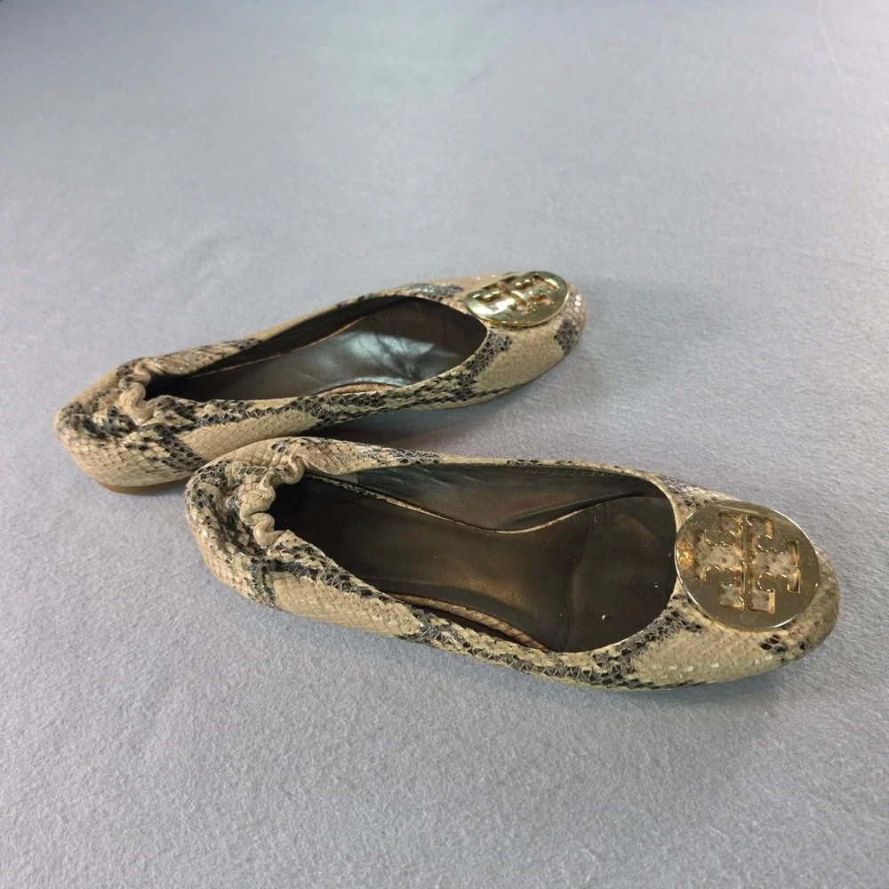 Tory Burch Reva Snakeskin Embossed Leather Ballet Flats Gold Logo Medallion